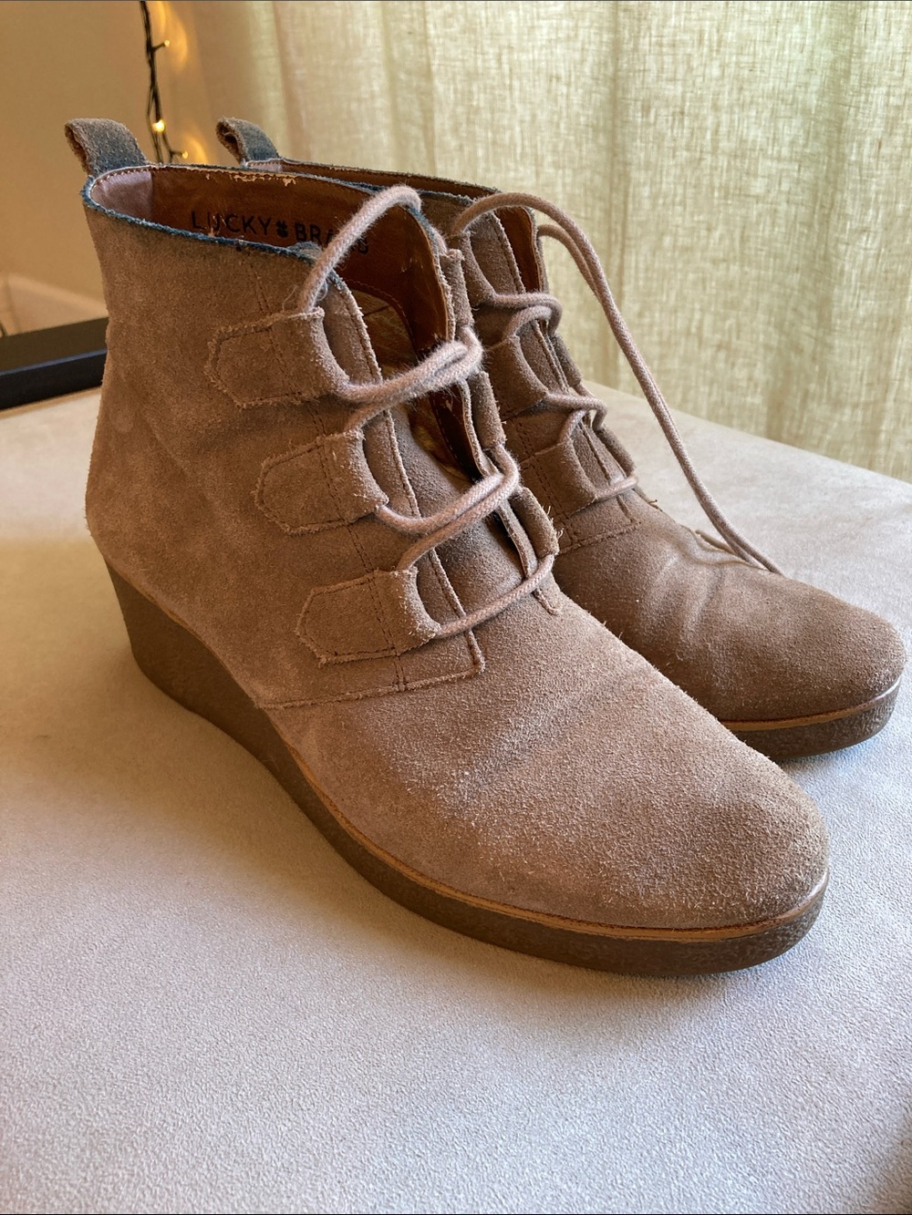 Lucky Brand Light Taupe Suede Wedge Lace-Up Ankle Boots